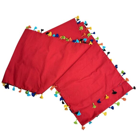 Pottery Barn Boho Colorful Table Runner Red Tassels 16 x 108” New Patio Party - Picture 2 of 4